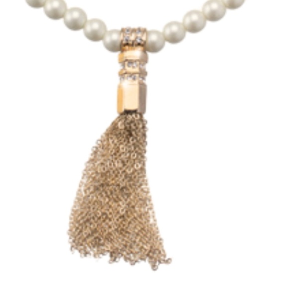 Off-White Faux Pearl Tassel Necklace, 40 Inch Long Strand with Gold Chain Tassel - Picture 2 of 2
